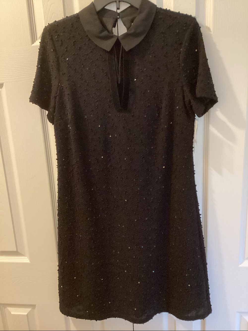 Elle Black Short-Sleeve Sequined Shift Dress with Peter Pan Collar